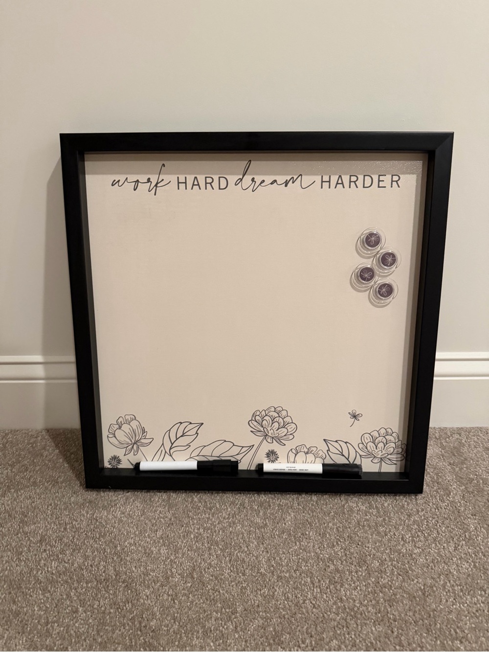 Work Hard Dream Harder Floral Black Framed Dry-Erase Board